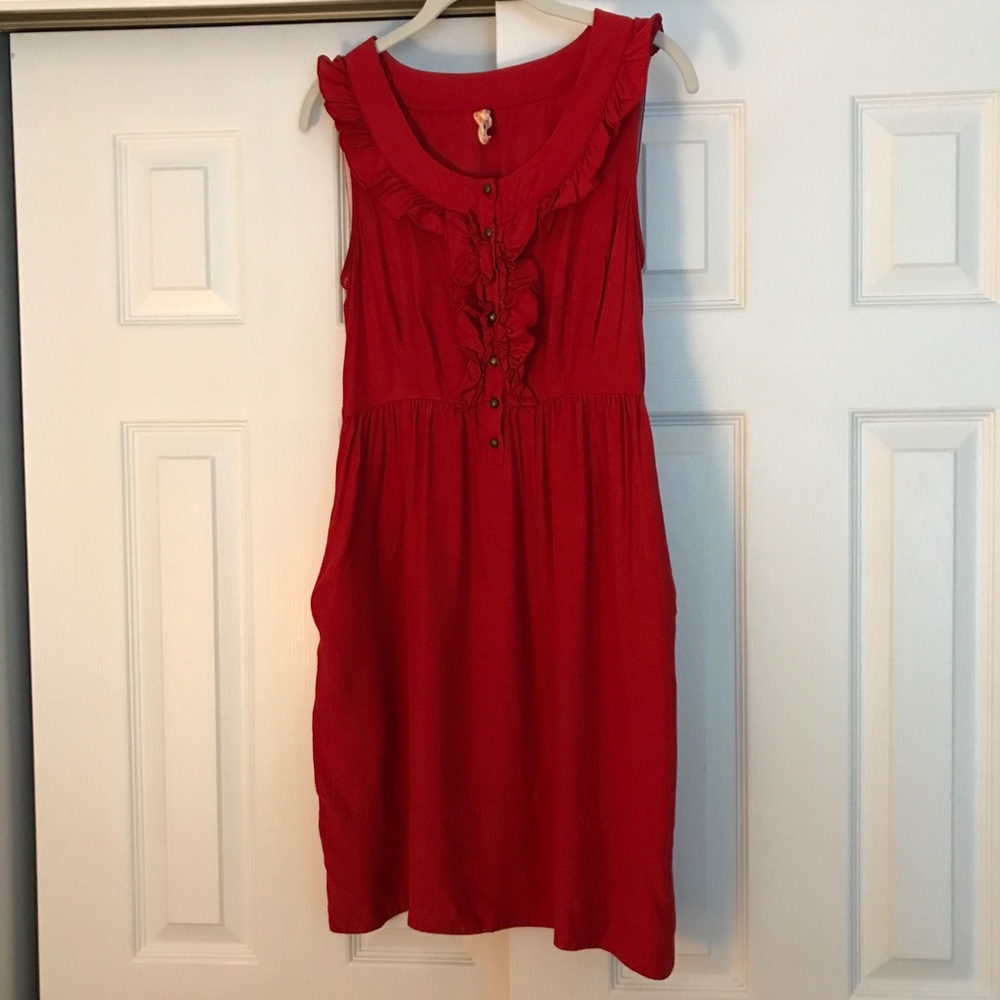 Maeve Sleeveless Red Ruffle Color Dress w/Pockets